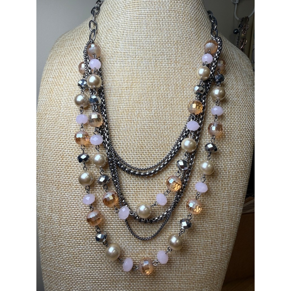 Gunmetal Pink Amber Crystal Faux Pearl Multi-Strand Necklace 24in